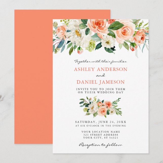 Convite Casamento de Coral Floral de Aquarela Elegante (Frente/Verso)