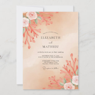 Convite Casamento de Coral Folhas de Eucalipto Damasco