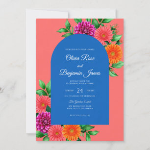 Convite Casamento de Coral Magenta Zinnia Eucalipto