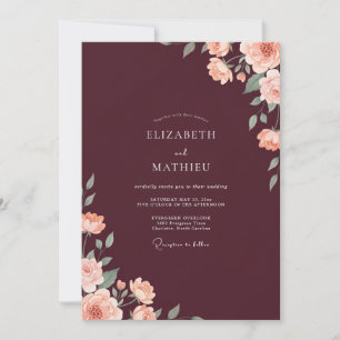 Convite Casamento de Coral Marrom Folhagem Poeira Eucalipt