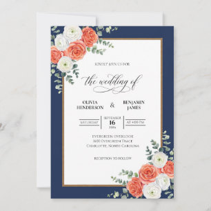 Convite Casamento de Coral Naval Bouquet Eucalipto