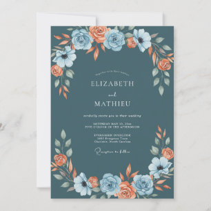 Convite Casamento de Coral Ranunculus Eucalipto Azul-Verde