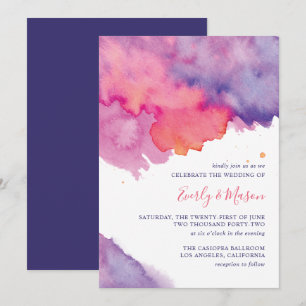 Convite Casamento de Coral Rosa e Abstrato de Água Púrpu