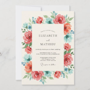 Convite Casamento de Coral Teal Ranunculus Eucalipto