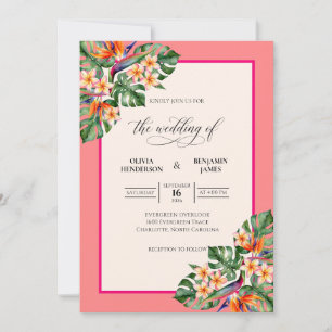 Convite Casamento de Coral Tropical Monstera Cinza Eucalip