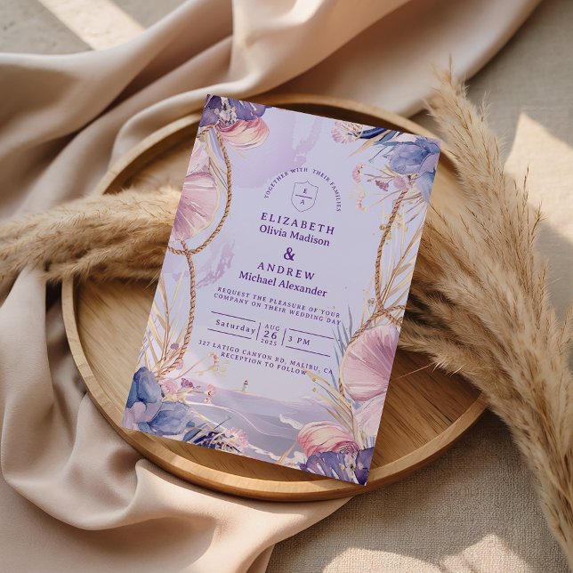 Convite Casamento de Corda de Concha Marinha Lavanda Coste (Criador carregado)