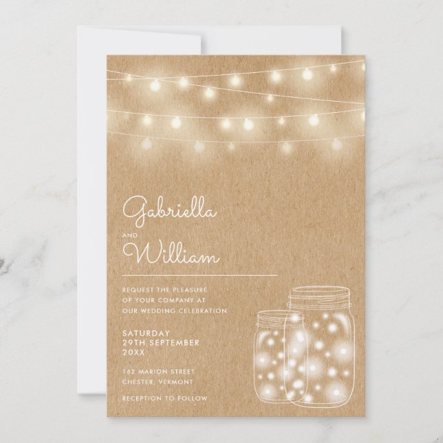 Convite Casamento de Cordas Luzes Mason Jars Rustic Kraft (Frente)