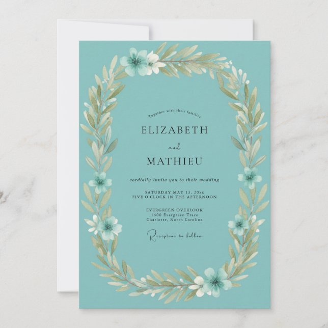 Convite Casamento de Coroa de Folhas Turquesa (Frente)