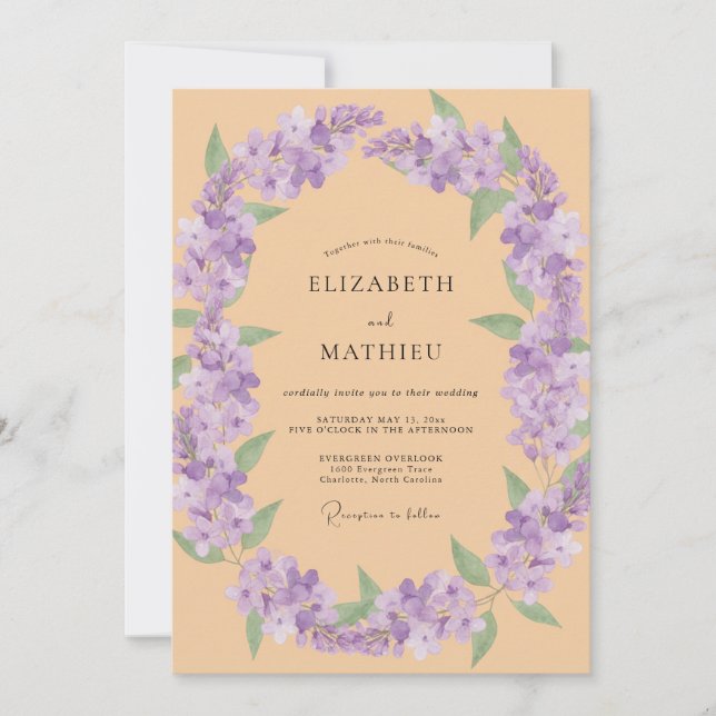 Convite Casamento de Coroa de Lilás Dourado (Frente)