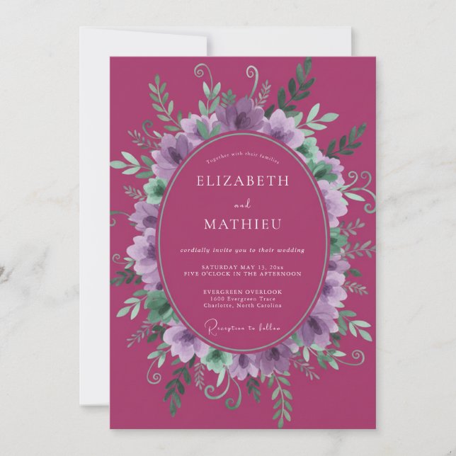 Convite Casamento de Coroa de Lilás Magenta (Frente)