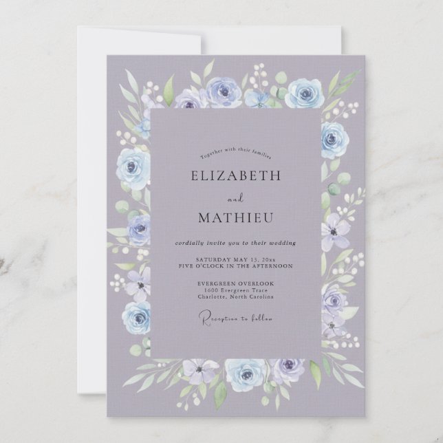 Convite Casamento de Coroa de Tons Suaves de Periwinkle e  (Frente)