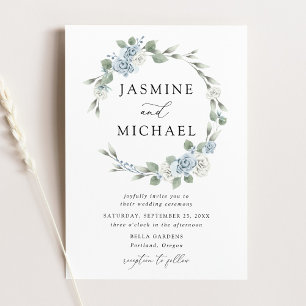Convite Casamento de Coroa Floral Azul Elegante e Poética
