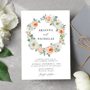 Convite Casamento de Coroa Floral Branca e Pêssego em Aqua