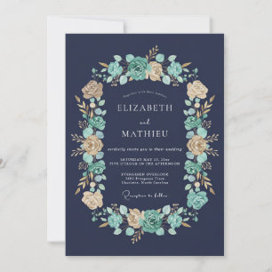 Convite Casamento de Coroa Floral Verde Azul-Marinho
