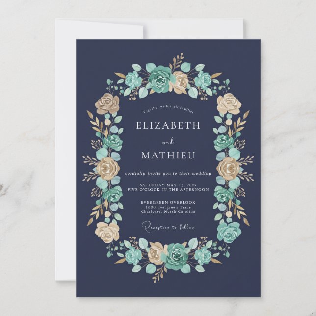 Convite Casamento de Coroa Floral Verde Azul-Marinho (Frente)