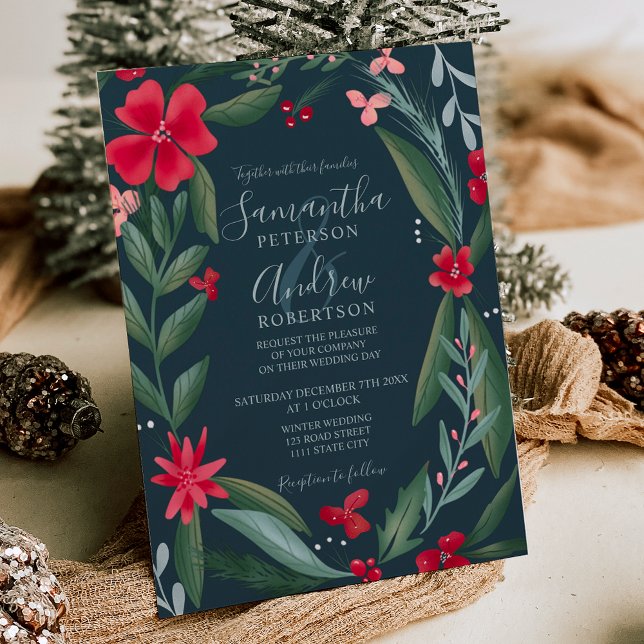 Convite Casamento de coroa floral verde vermelha (Red green floral wreath pattern wedding invitation on blue)