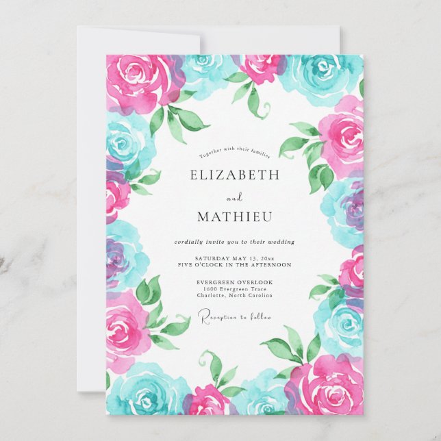 Convite Casamento de Coroa Turquesa Magenta (Frente)
