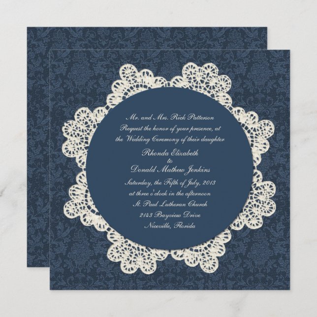 Convite Casamento de Country Denim Damask & Ivory Lace (Frente/Verso)