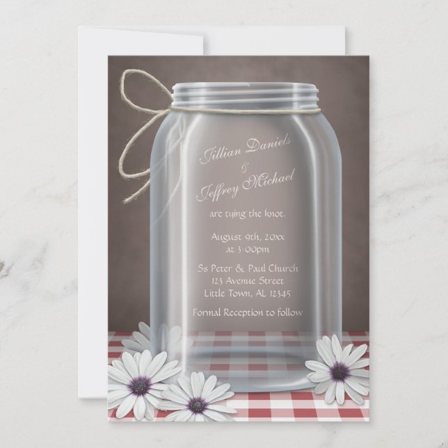 Convite Casamento de Country Mason Jar Daisy Red Gingham (Frente)