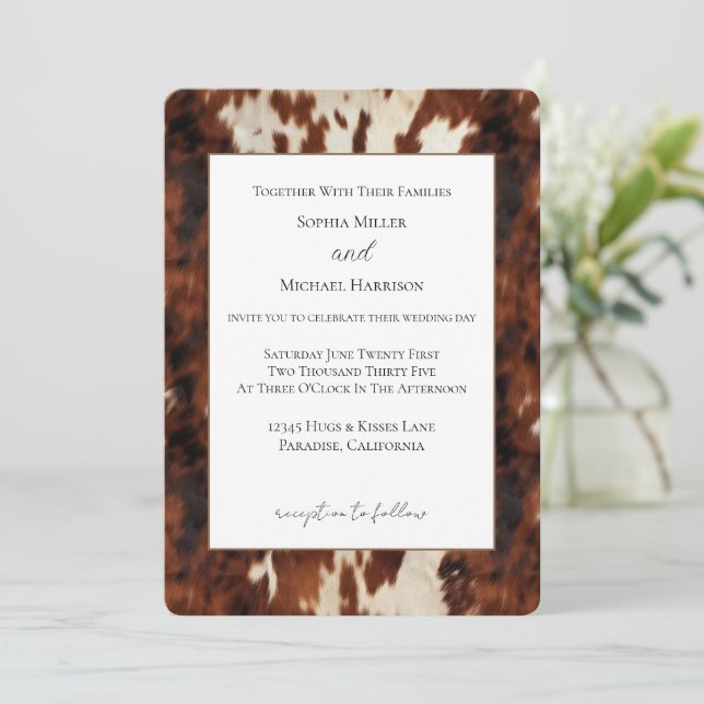Convite Casamento de Couro de Vaca Creme Marrom Ocidental (Em pé/Frente)