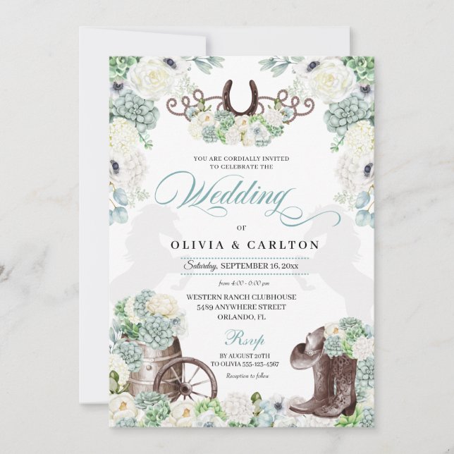 Convite Casamento de Cowboy Ocidental - Casa Floral Mint G (Frente)
