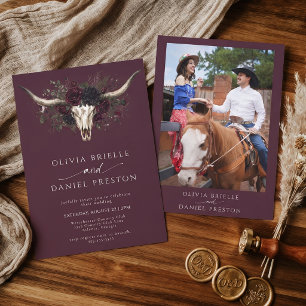 Convite Casamento de Crânio de Foto Ocidental Borgonha Mal