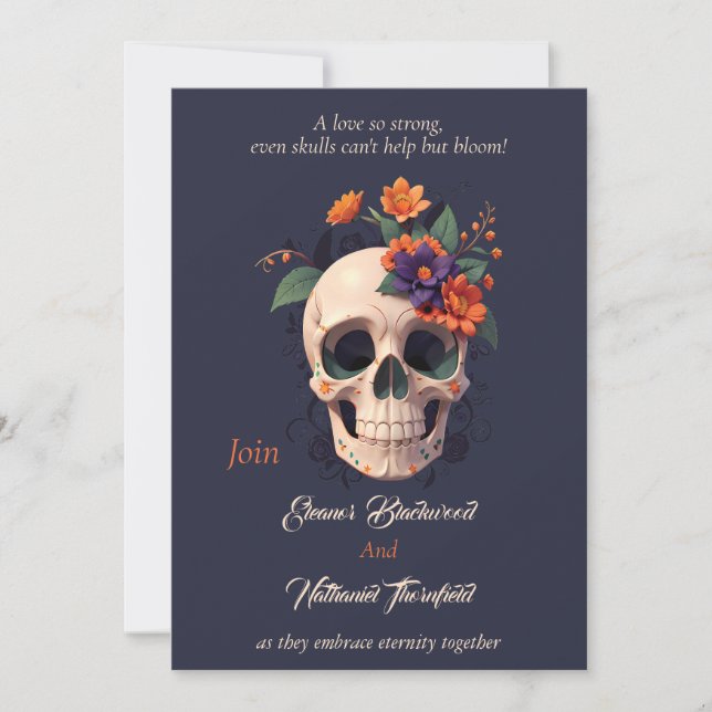 Convite  Casamento de crânio floral gótico elegante 3D  (Frente)