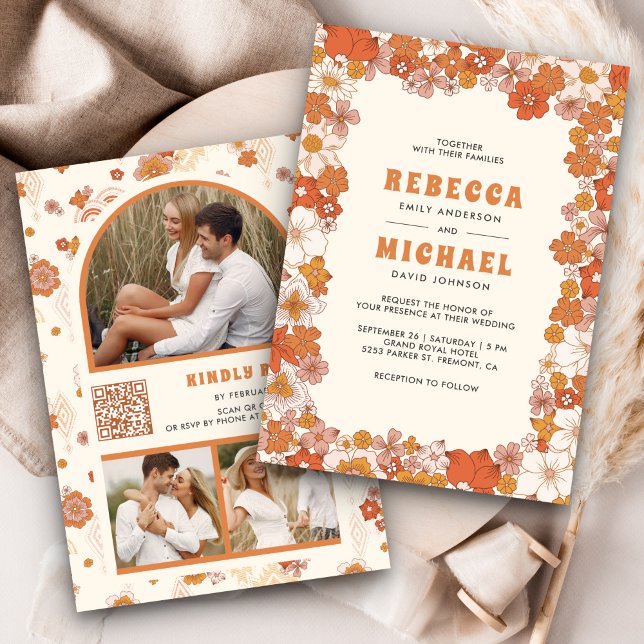 Convite Casamento de Cream Orange Groovy Retro Wildflower (Criador carregado)