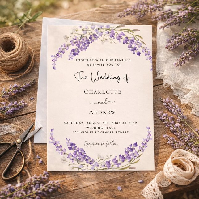 Convite Casamento de creme champanhe de flores de lavanda (Criador carregado)
