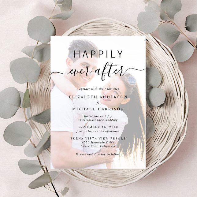 Convite Casamento de Creme de Código QR com Sobreposição d (A chic Happily Ever After Photo Wedding Invitation)