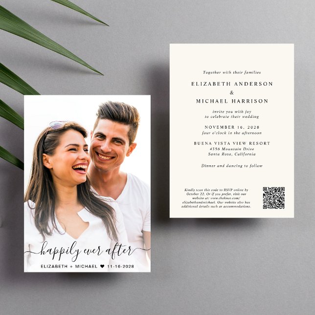 Convite Casamento de Creme de Código QR de Foto de Script  (Elegant all-in-one wedding invite featuring your photo + a QR code linked to your wedding website)