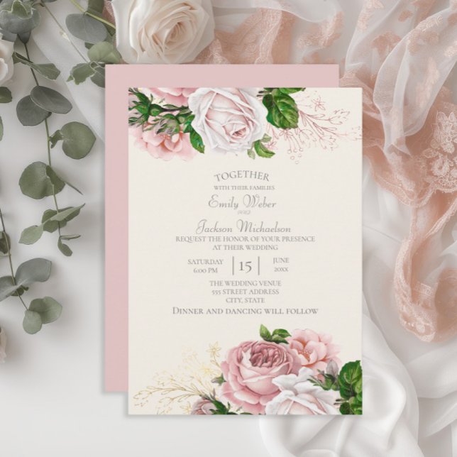 Convite Casamento de Creme de Rosas Rosa-Rosa-Rosa-Elegant (Blush pink vintage floral wedding invitation)