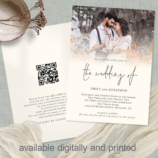 Convite Casamento de Creme de Script de Código QR de Foto  (Criador carregado)