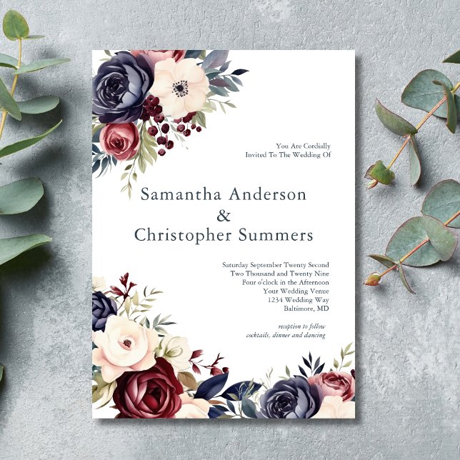 Convite Casamento de Creme Floral de Aquarela Marinho Borg (Burgundy Cream Blue Watercolor Elegant Wedding invitation. Printed Or Digital download)