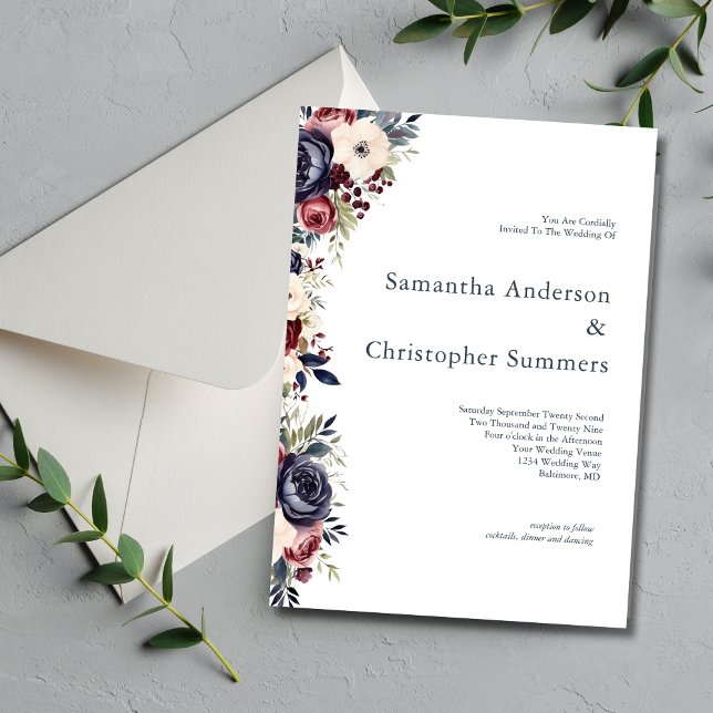 Convite Casamento de Creme Floral de Aquarela Marinho Borg (Burgundy Navy Cream Watercolor Floral Elegant Modern Wedding Invitation)