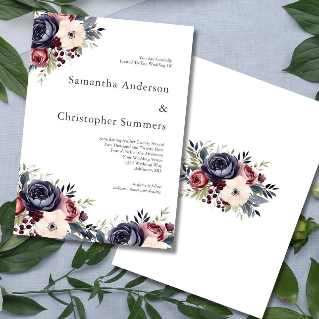 Convite Casamento de Creme Floral de Aquarela Marinho Borg (Burgundy Navy Cream Watercolor Florals Elegant Wedding Invitation. Printed or Digital Download)