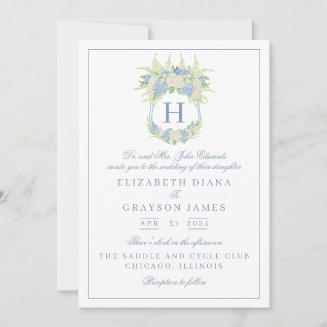 Convite Casamento de Crest de Hydrangea Azul e Branco (Frente)