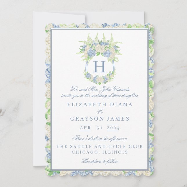 Convite Casamento de Crest de Hydrangea Azul e Branco (Frente)