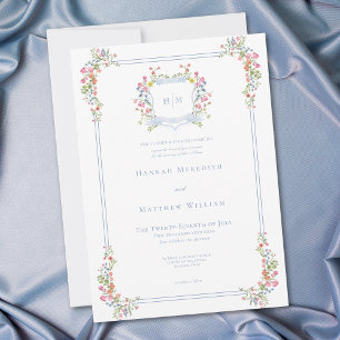 Convite Casamento de Crest de Pastel Azul e Derramado Eleg