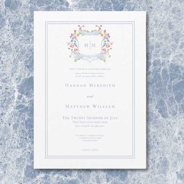 Convite Casamento de Crest de Pastel Azul e Derramado Eleg (Elegant Dusty Blue Pastel Wildflower Crest Wedding Invitation)