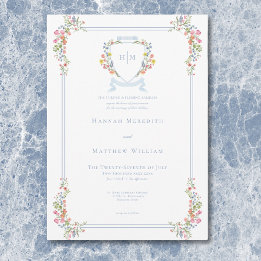 Convite Casamento de Crest de Pastel Azul e Derramado Eleg