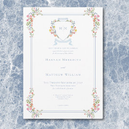 Convite Casamento de Crest de Pastel Azul e Derramado Eleg