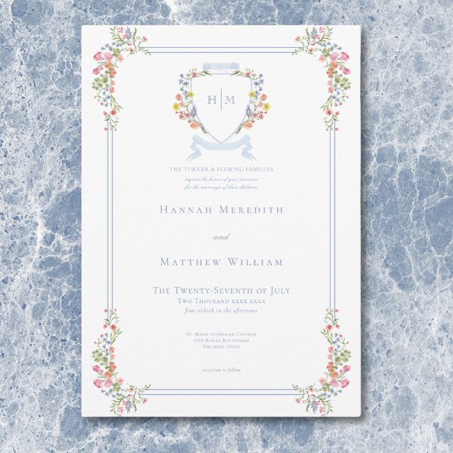 Convite Casamento de Crest de Pastel Azul e Derramado Eleg (Elegant Dusty Blue Pastel Wildflower Crest Wedding Invitation)