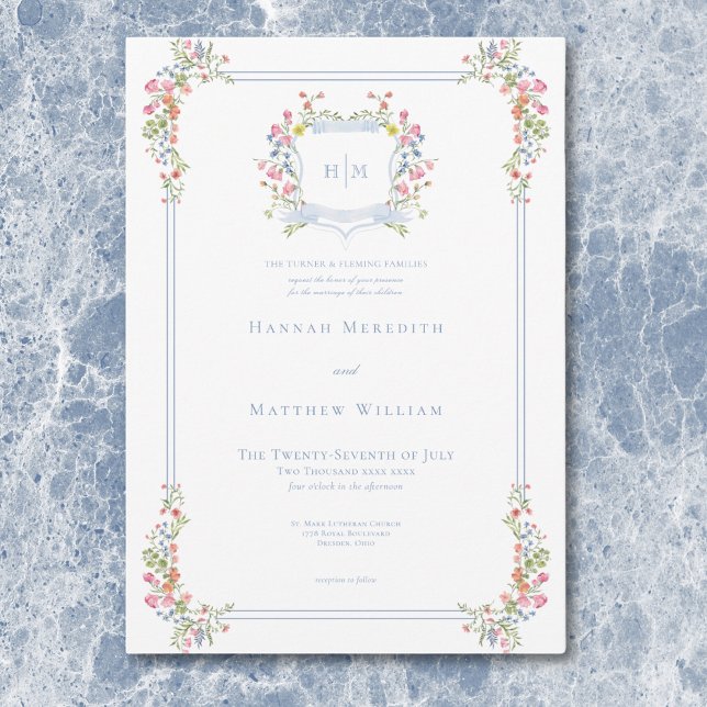 Convite Casamento de Crest de Pastel Azul e Derramado Eleg (Elegant Dusty Blue Pastel Wildflower Crest Wedding Invitation)