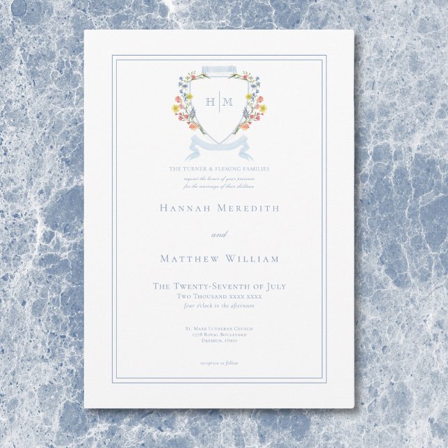 Convite Casamento de Crest de Pastel Azul e Derramado Eleg (Elegant Dusty Blue Pastel Wildflower Crest Wedding Invitation)