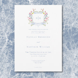 Convite Casamento de Crest de Pastel Azul e Derramado Eleg