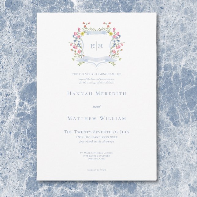 Convite Casamento de Crest de Pastel Azul e Derramado Eleg (Elegant Dusty Blue Pastel Wildflower Crest Wedding Invitation)