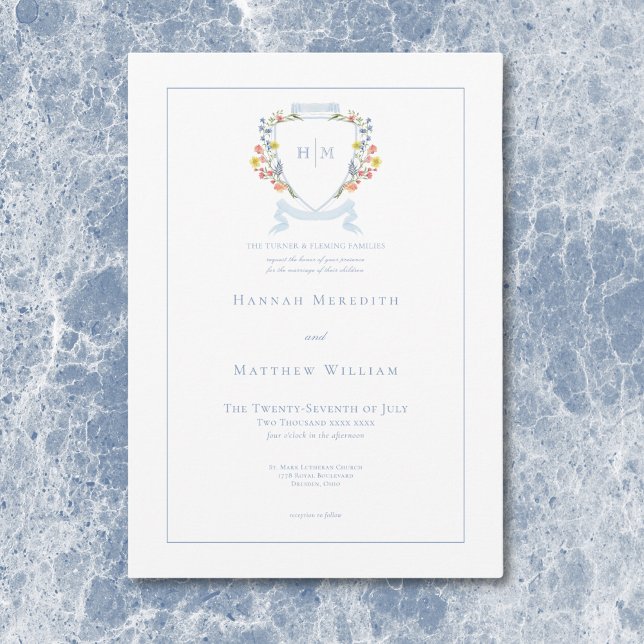 Convite Casamento de Crest de Pastel Azul e Derramado Eleg (Elegant Dusty Blue Pastel Wildflower Crest Wedding Invitation)