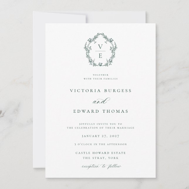 Convite Casamento de Crest do Monograma da Regency Era Eme (Frente)