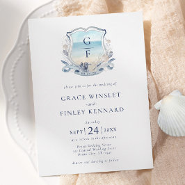 Convite Casamento de Crest do Monograma de Praia de Waterc